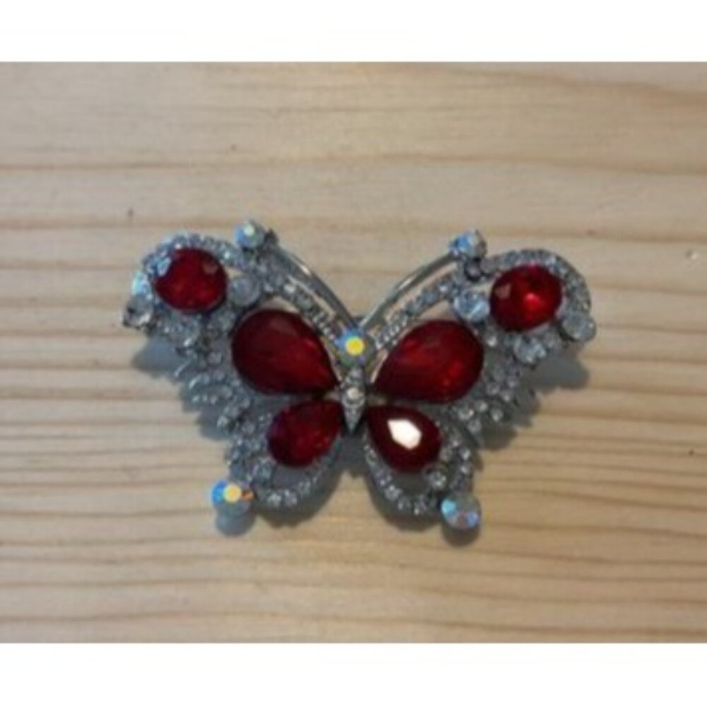 Butterfly Brooch Pin With Red Rhinestones & Silver Accents
